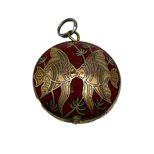 Vintage Cloisonné Fish Design Red Gold Puffy Double Side Pendant Necklace